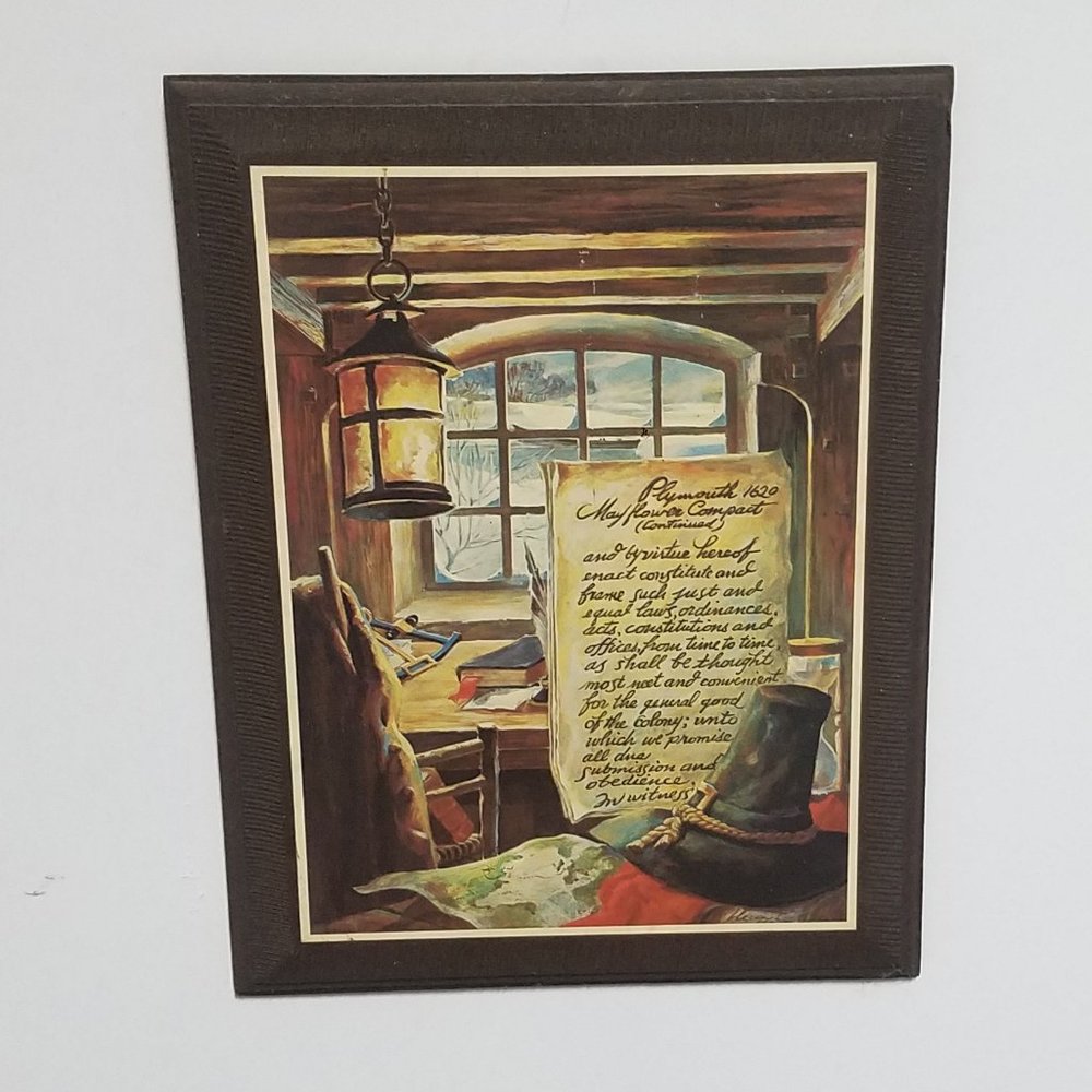 Vintage Set of 2 Patriotic Plymouth 1620 Mayflower Compact Wooden Wall Plaques - Picture 2 of 14